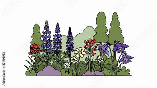 Vibrant wildflowers and evergreen trees bloom in a picturesque meadow scene