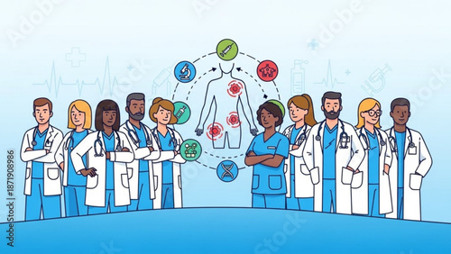 A diverse group of medical professionals standing together with a human body illustration