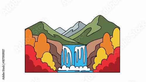 Vibrant waterfall cascading down rocky cliffs, framed by colorful autumn trees