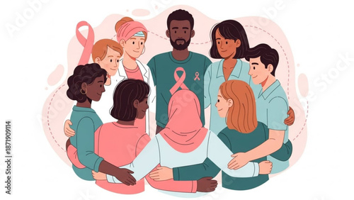A diverse group of people showing support for breast cancer awareness in a heartwarming illustration