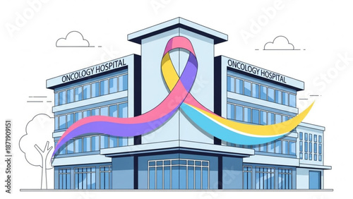 A colorful vector illustration of an oncology hospital building with a ribbon symbol