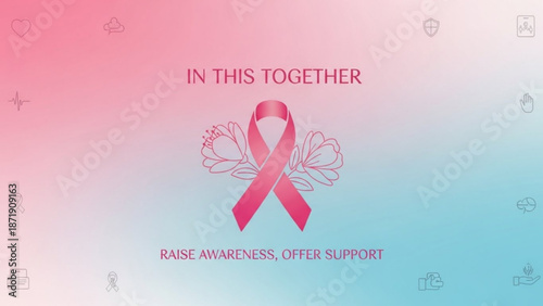 A pink ribbon with flowers and text on a gradient background to raise awareness and support