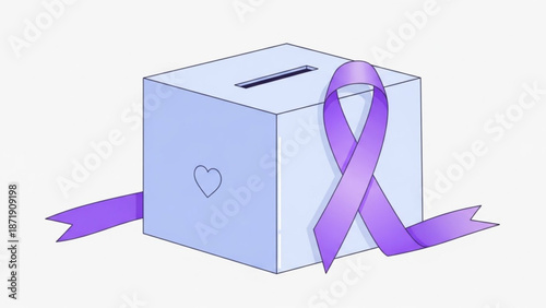 A purple donation box with a heart and ribbon for charity or fundraising purposes