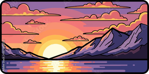 Vivid pixel art sunset over tranquil water with majestic mountains