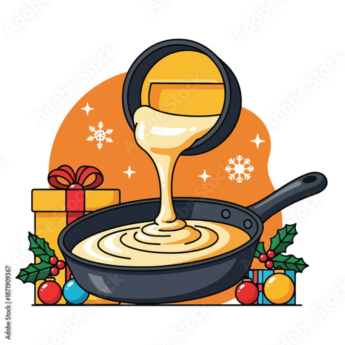 A festive pan of golden fondue with Christmas gifts