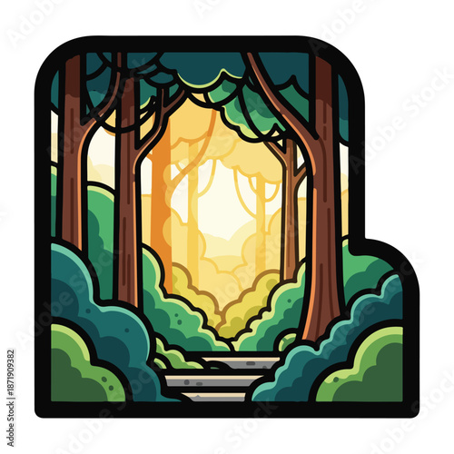 A forest path leads to a sunny clearing