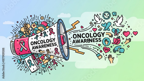 A colorful vector graphic illustration of oncology awareness symbols and icons surrounding a megaphone
