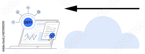 Decentralized finance. Illustration of DeFi with cloud-based sharing, blockchain systems, and financial technology solutions. Decentralized finance reshaping modern financial transactions