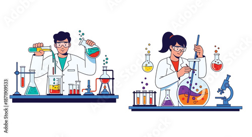 Two scientists conducting experiments with colorful liquids and lab equipment