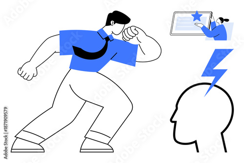 Business leadership, mental focus, creative thinking, professional growth, skill development, strategic decisions. Dynamic figure, lightning bolt person with certificate. Leadership and mental focus