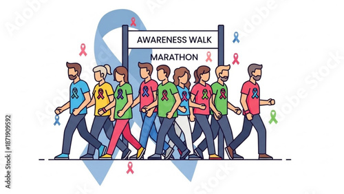 A group of people participating in an awareness walk marathon with colorful ribbons and a sign