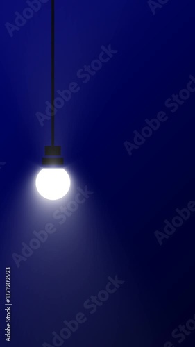 White glowing hanging light bulb blinking and swinging with bright radiance animation on dark blue background for creative video editing