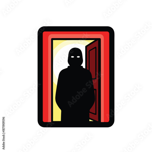 A person in a black ski mask stands in a doorway