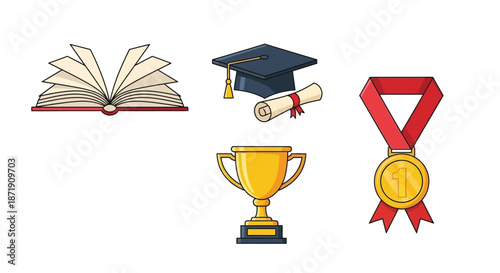 Academic achievements represented by a graduation cap book diploma medal and trophy