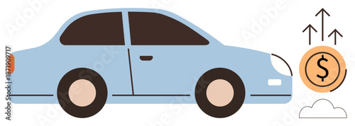 Vehicle expenses, car value, financial planning, rising costs, automotive depreciation, economy. Blue car with dollar coin and upward arrows. Vehicle expenses and car value concepts