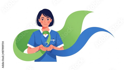A female nurse in blue scrubs holding a green ribbon with a heart symbol