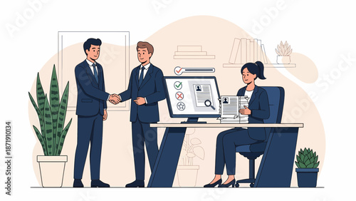 Business handshake between two men in a modern office setting.