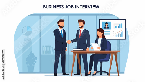 Business Job Interview Candidate Shakes Hands with Interviewer in Office Setting.