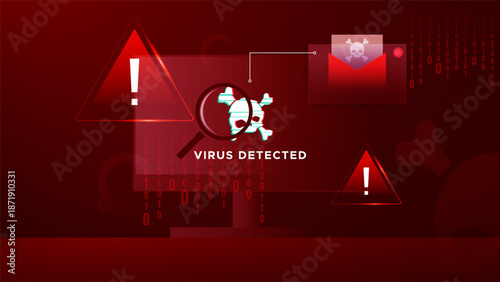Cyber attack notification with red warning sign and skull symbol on dark background. Creative layout for cybersecurity software, tech news, and digital threat prevention infographics. System error