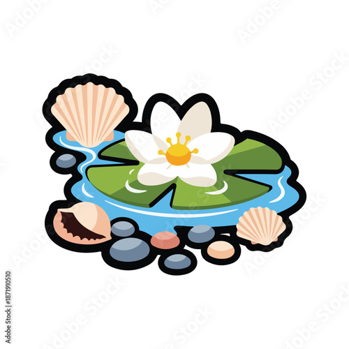 A serene pond scene with a white flower