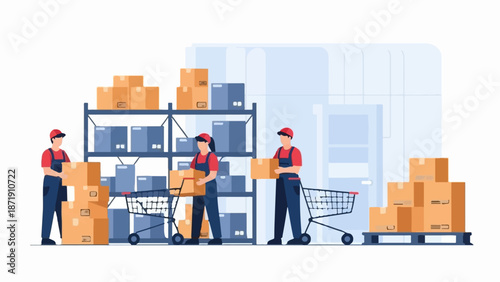 Warehouse workers organized boxes on shelves and in carts for delivery