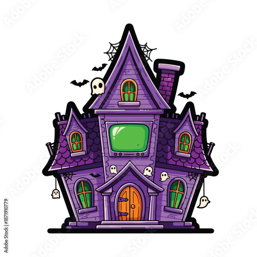 A purple haunted house with green windows and ghosts