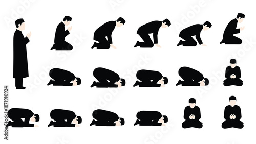 of a man performing various prayer positions a white white with muslim and islam and religion and faith Silhouette vector on whit Background