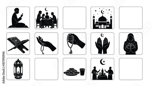 Black icons of ramadan kareem symbols and islamic holy month elements white white with Islamic symbols and Ramadan Mubarak Silhouette vector on whit Background