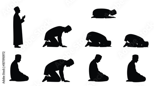 of a man performing various prayer positions in sequence white white with muslim and islam and praying and salat Silhouette vector on whit Background