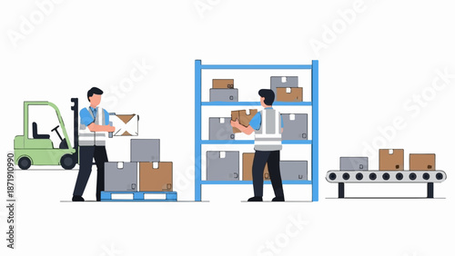 Warehouse workers with forklift, shelves, and conveyor belt handling boxes