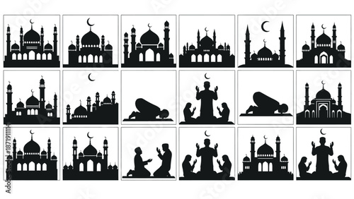 Black illustrations of mosques and people praying white for ramadan or islamic events with prayer and worship Silhouette vector on whit Background