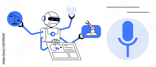 Automation, AI, decision-making, robotics, voice recognition, multifunctional technology. Robot performing tasks with scales, robot arm and microphone icon. Automation and AI
