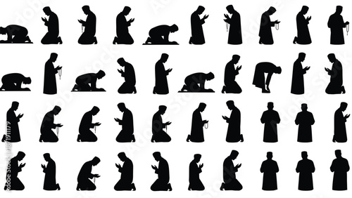 A series of black illustrations of a person in various prayer positions white white with religion and faith Silhouette vector on whit Background