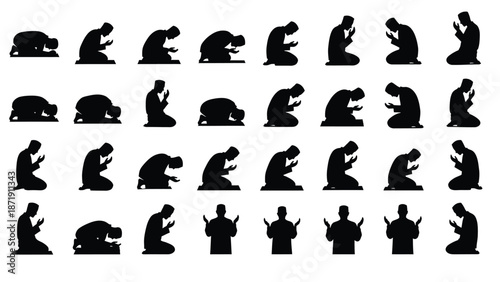 Collection of various people in prayer poses white with illustration and religion and faith and worship Silhouette vector on whit Background