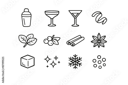 Holiday Mixology Icons. Holiday mixology icons. Line outline icon set of Holiday mixology icons: shaker,