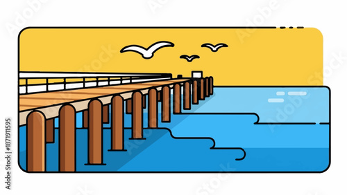 Wooden pier extends into blue water under a bright yellow sky with flying birds