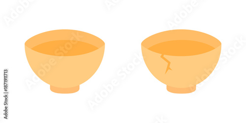 Empty and broken cracked bowl. Cooking, kitchenware, dining, meal, container concepts. Flat vector design isolated illustration.	