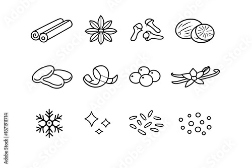 Aromatic Spice Icons. Aromatic spice macro set. Line outline icon set of Aromatic spice macro set: cinnamon