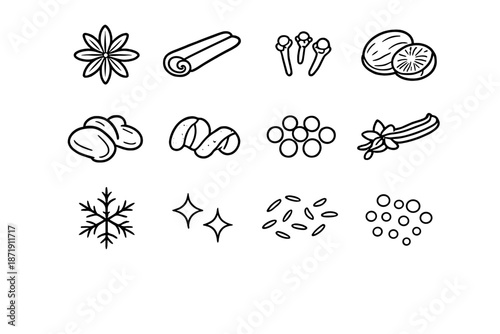 Macro Spice Icon Set. Macro spice assortment. Line outline icon set of Macro spice assortment: star anise,