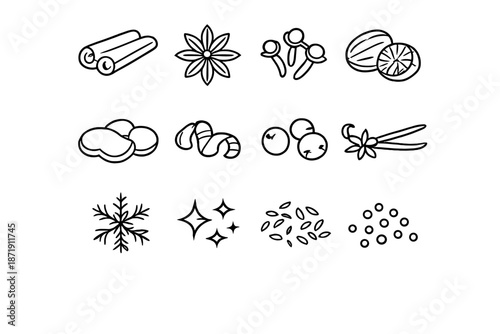 Aromatic Spice Icons. Aromatic spice macro set. Line outline icon set of Aromatic spice macro set: cinnamon