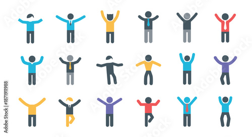 Diverse group of stick figures celebrating and expressing various joyful poses
