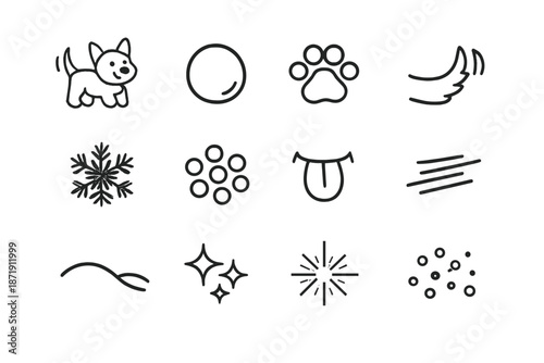 Snowy Dog Icon Set. Snowy fun dog icons. Line outline icon set of Snowy fun dog icons: dog figure, snowball,