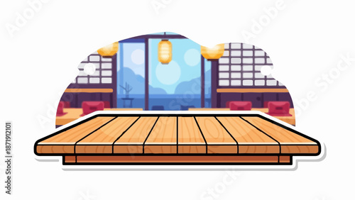 Wooden platform in front of a stylized Japanese restaurant interior with lanterns
