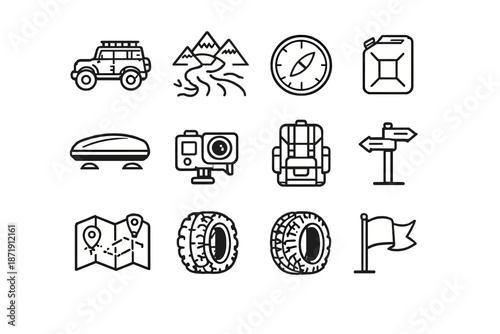 Adventure Icon Set. Adventure Road Trip. Line outline icon set of adventure road trip: off-road vehicle, dirt