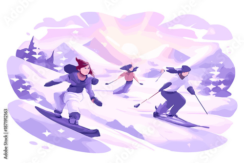 Pastel Winter Dawn. Pastel Winter Dawn. Gentle sunrise hues blending into snowy mountains, rounded shapes and