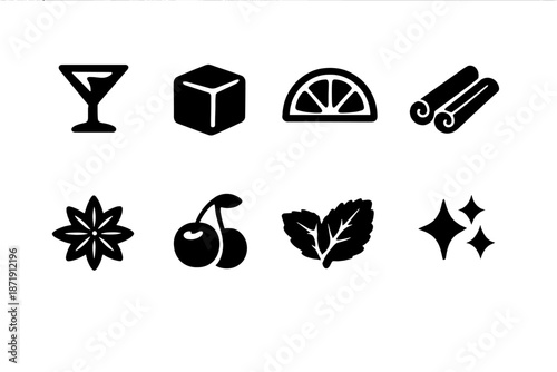 Festive Cocktail Icons. Festive cocktail garnish icons. Filled icon set of festive cocktail garnish icons: