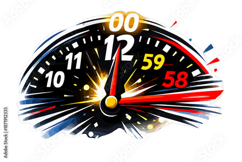 Racing Clock Countdown. Seconds to Midnight. Close-up of clock hands moving fast, minute markers blurring into