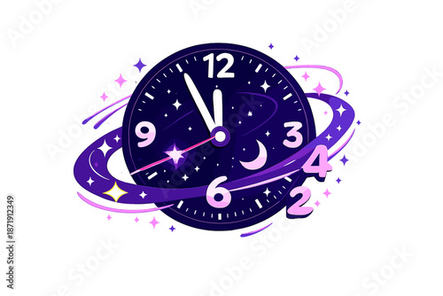 Cosmic Clockwork Motion. Cosmic Midnight Clock. A clock floating in space, stars orbiting like seconds around