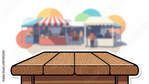 Wooden table foreground with blurred market stalls in background