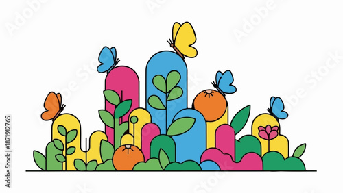 Whimsical garden scene with abstract shapes, colorful foliage, and fluttering butterflies